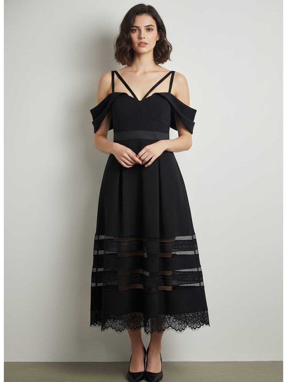 SELF-PORTRAIT Cady Black Lace Trim Draped Shoulder Midi Dress, Size 10 NWT